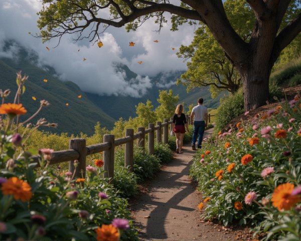 Serene Pathway with Vibrant Flowers and Mountains