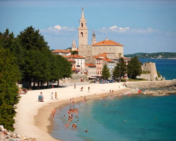 Picturesque Beach Scene with Coastal Town and Nature