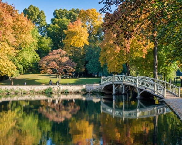 Tranquil Park with Wooden Bridge and Autumn Foliage