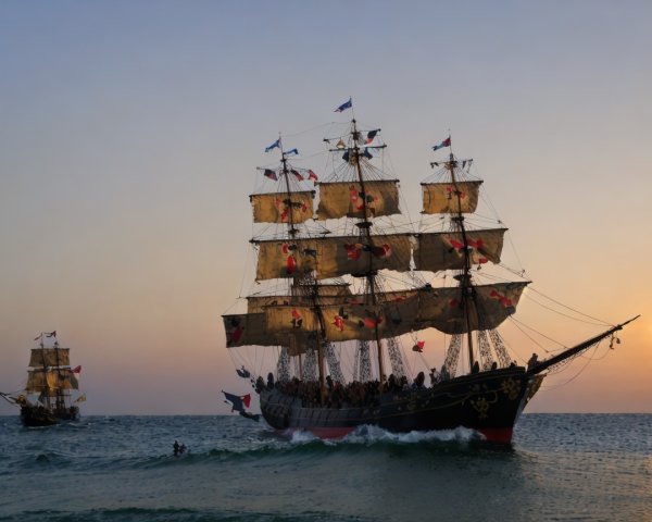 Tall Ships Sailing at Sunset on Serene Waters