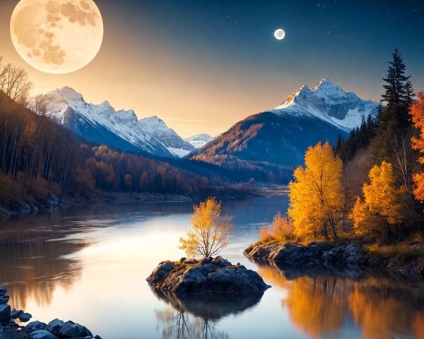 Serene Dusk Landscape with River and Mountains