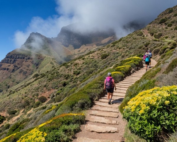 Scenic Hiking Trail Amidst Mountains and Lush Flora