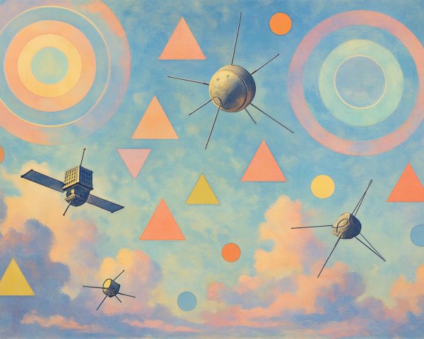 Vibrant Painting of Sky with Colorful Shapes and Satellites