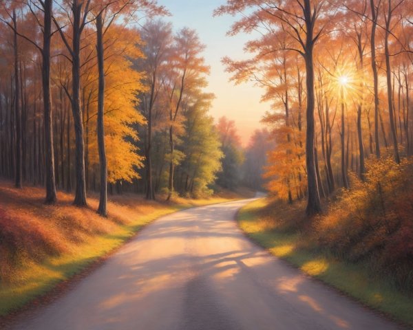 Winding Dirt Road Through Autumn Forest at Sunset