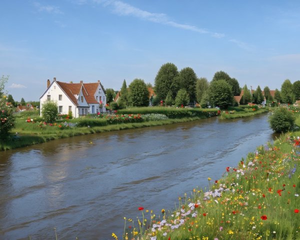 Picturesque River Scene with Charming House and Nature