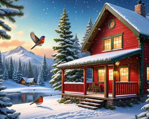 Charming Red Cabin in Serene Winter Landscape