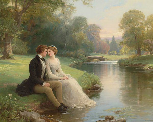 Young couple by a river in a lush landscape