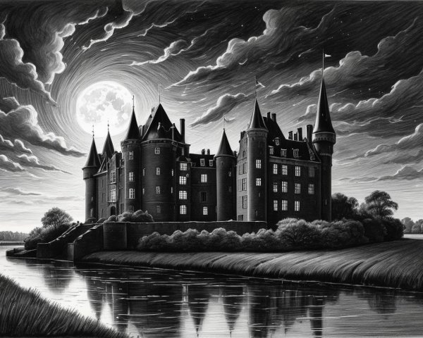 Majestic castle illuminated by a full moon at night