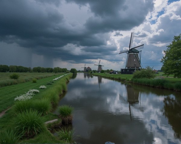 Serene Landscape with Windmills and Calm Canal