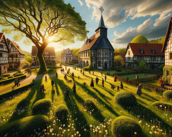 Idyllic medieval village during golden hour sunlight