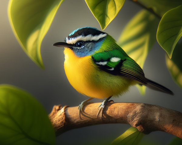 Vibrant Tropical Bird on Branch with Lush Green Leaves