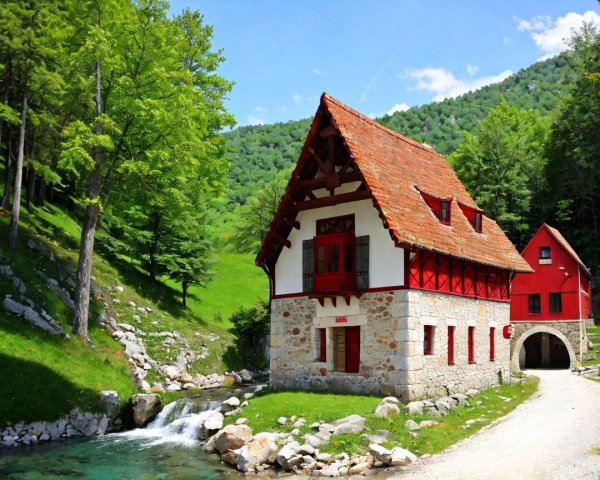 Charming Red-Roofed House by a Clear Stream