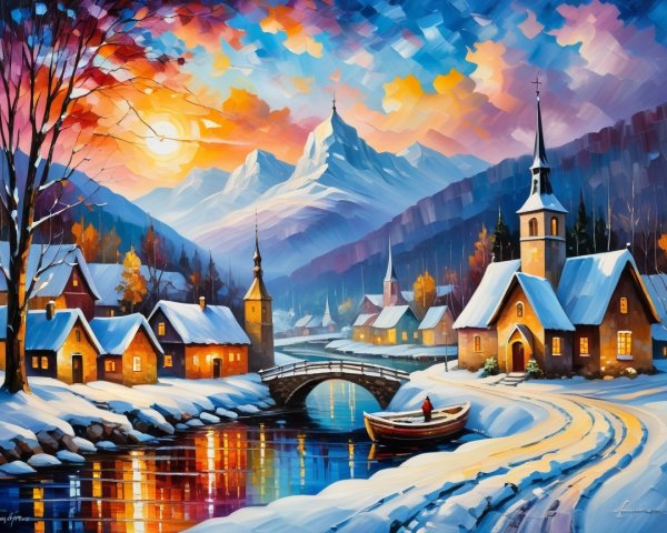 Impressionistic Painting of Snowy European Village