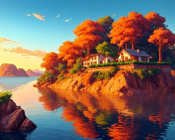 Vibrant Landscape of White Houses on Rocky Island