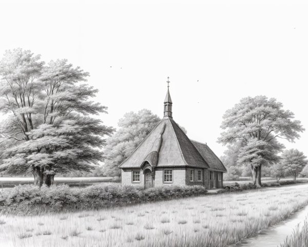 Grayscale Drawing of a Quaint Rural Church Scene