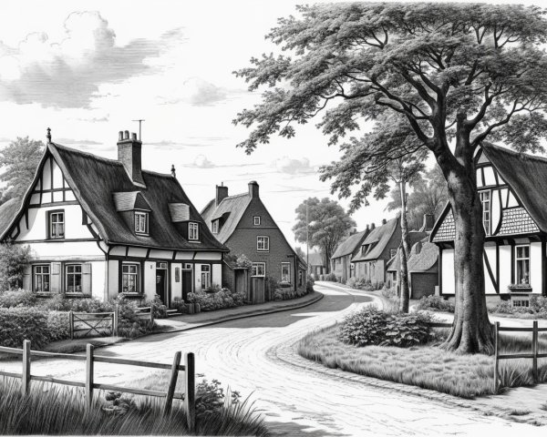 Picturesque Village with Thatched-Roof Cottages