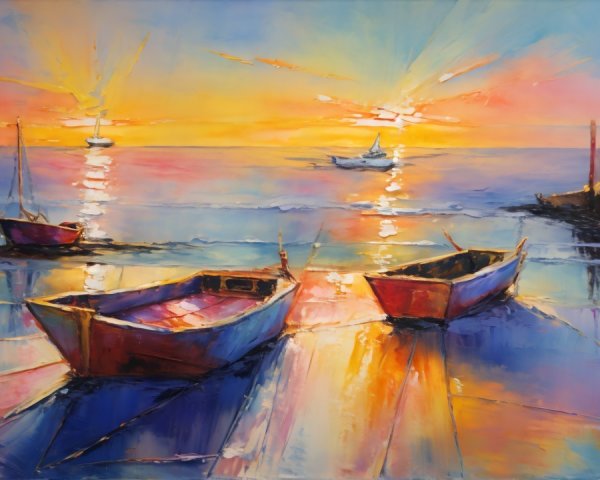 Vibrant Sunset Over Colorful Boats and Serene Waters