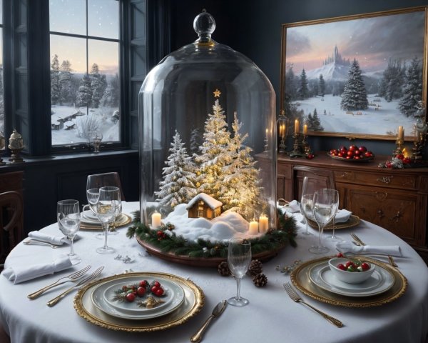Festive Christmas Dining Table with Miniature Village Scene