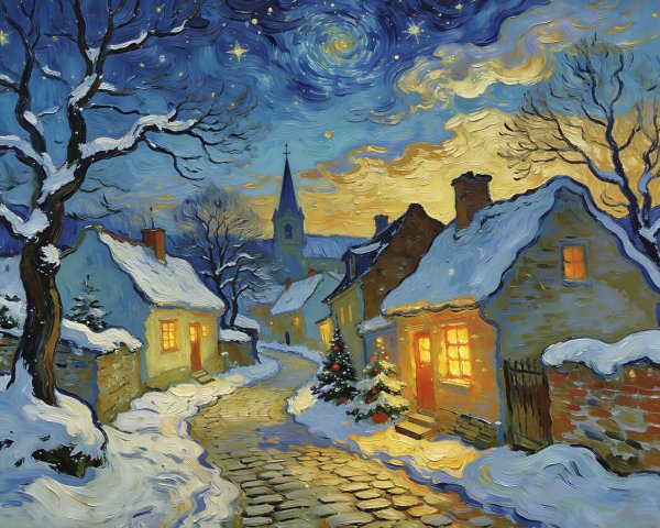 Snowy Village Scene at Night in Van Gogh Style