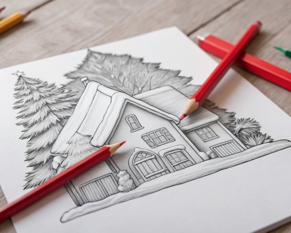 Black-and-white sketch of a cozy house and trees