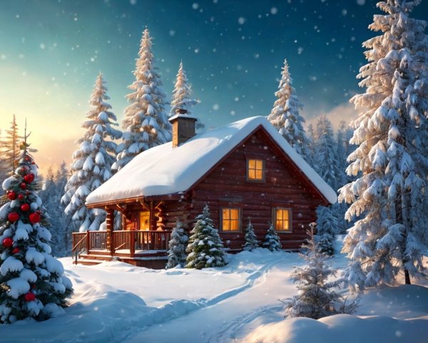 Log Cabin in Snowy Evergreen Winter Wonderland