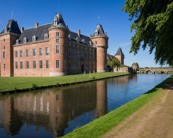 Brick castle beside tranquil waterway with reflections