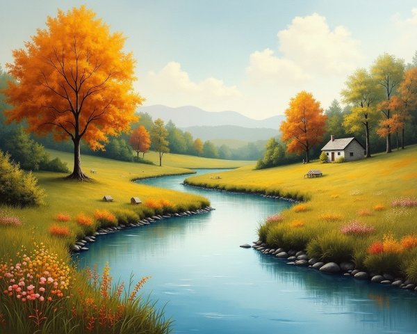 Serene Autumn Landscape with River and Mountains