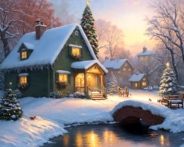 Winter Village Landscape with Snowy House and Stream