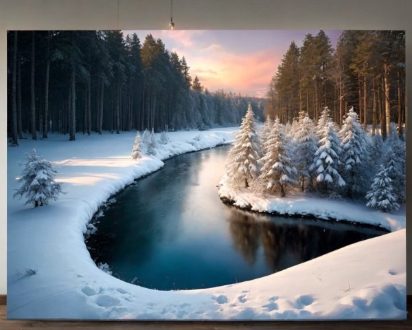 Serene Winter Landscape with Winding River and Snow