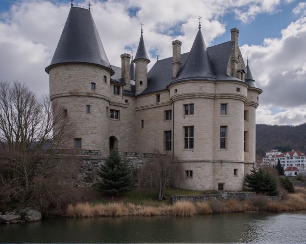 Majestic stone castle by tranquil river with turrets