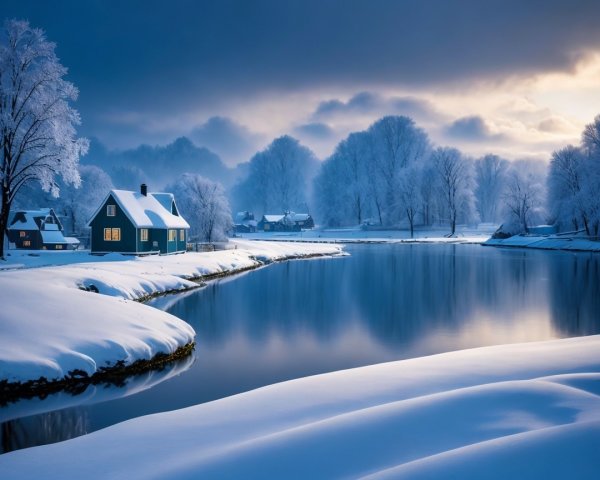 Idyllic winter landscape with blue river and village