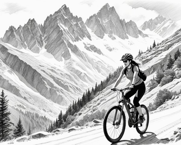 Cyclist on Mountain Trail in Black-and-White Sketch