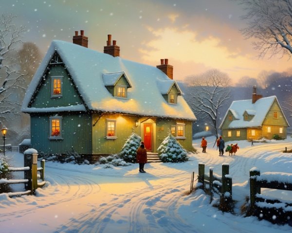 Snowy Cottage Scene with Warm Light and Festive Atmosphere