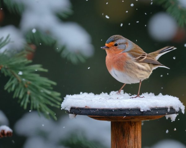 Vibrant Bird on Snowy Feeder in Winter Scene