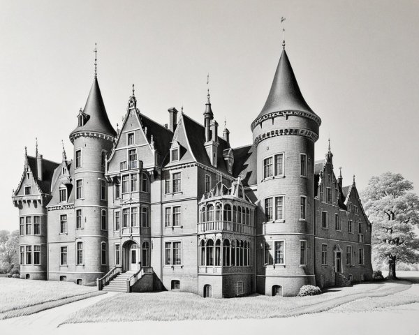Detailed Gothic castle with spires and manicured grounds