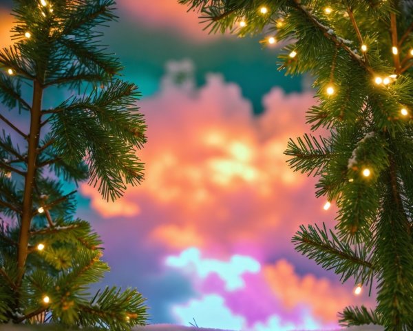 Tranquil Winter Scene with Evergreen and Vibrant Clouds