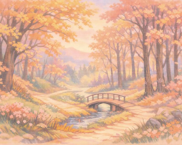 Autumn Forest Scene with Pastel Hues and Stream
