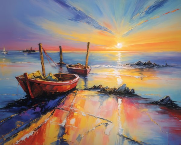 Vibrant Sunset Over Tranquil Seascape with Boats