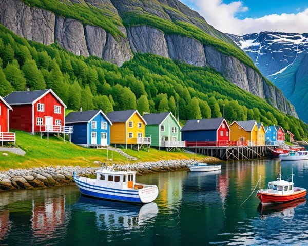 Colorful Fishing Village Houses Along Rocky Shoreline
