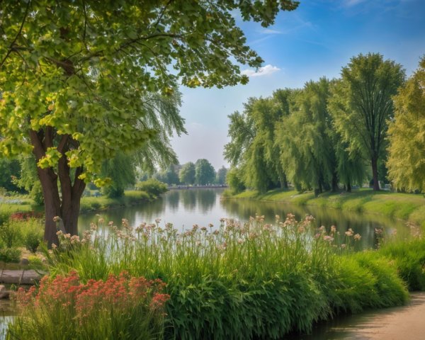 Serene Park Landscape with Calm River and Greenery
