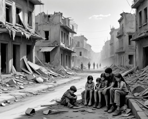 Children in a desolate urban landscape of rubble
