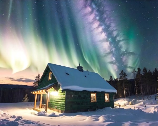 Cozy Green Cabin Under Northern Lights in Snowy Landscape