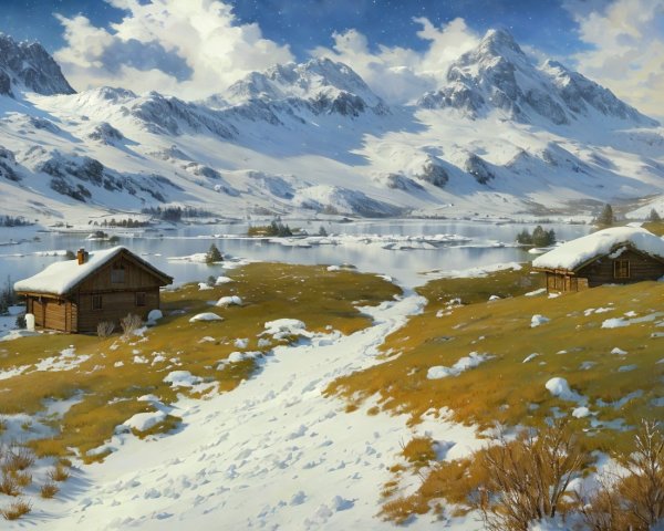 Serene Winter Landscape with Cabins and Mountains