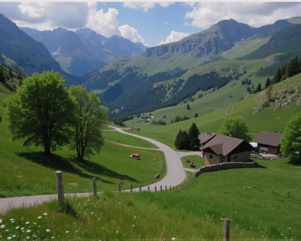 Serene valley with mountains, meadows, and a house