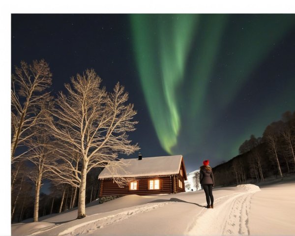 Cozy log cabin in serene winter landscape with Northern Lights