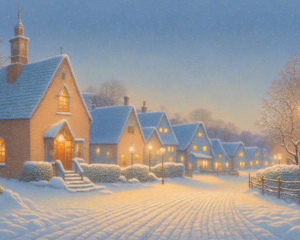 Winter Scene with Cottages and Snowy Atmosphere