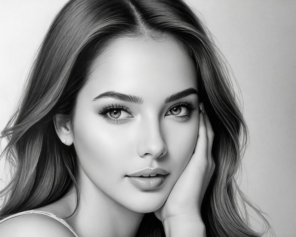 Black and white portrait of a young woman with long hair