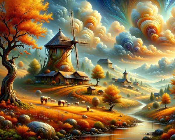Vibrant Autumn Landscape with River and Windmill