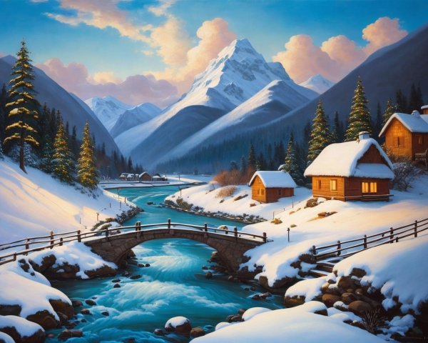 Winter Landscape with Snow-Covered Mountains and River