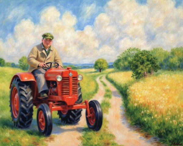 Farmer Driving Red Tractor on Winding Dirt Path